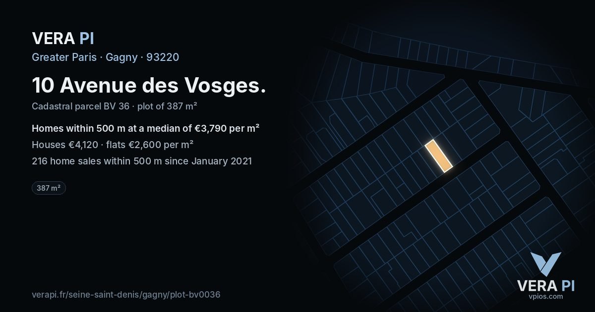 10 Avenue des Vosges, Gagny at night – the plot lit, the parcels around coloured by the prices near them