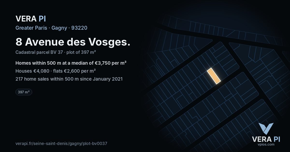 8 Avenue des Vosges, Gagny at night – the plot lit, the parcels around coloured by the prices near them