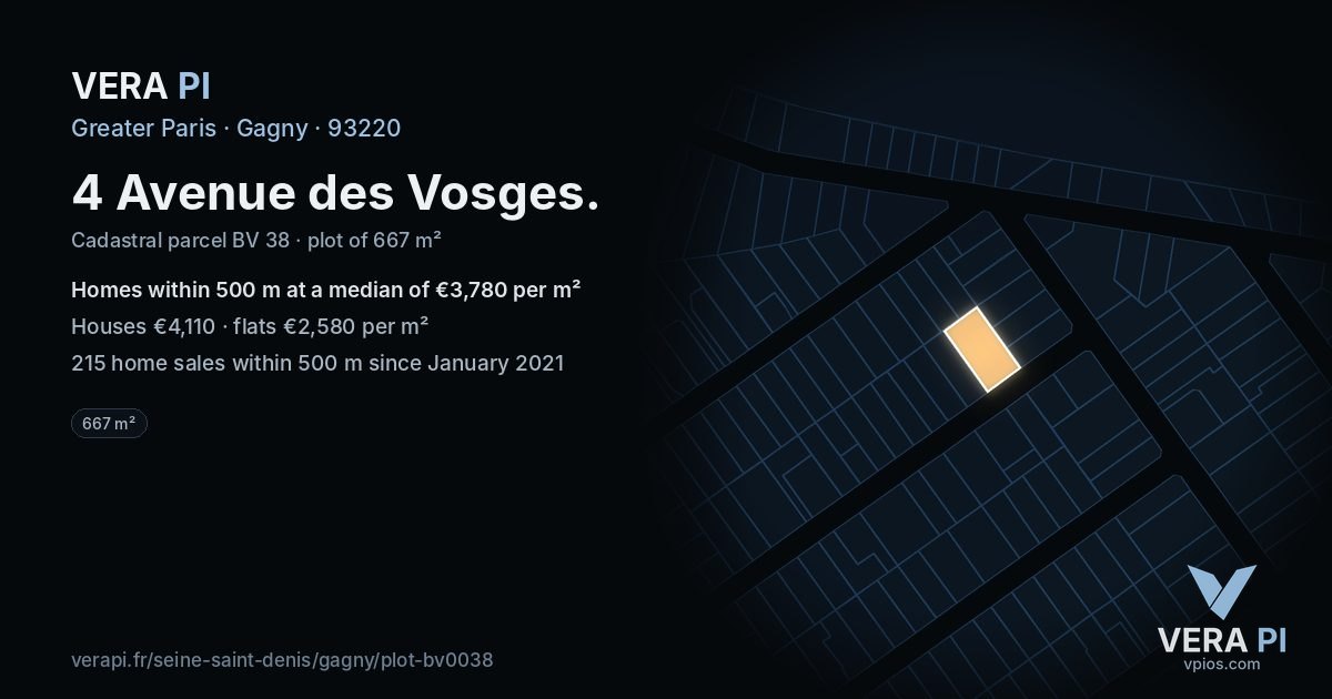 4 Avenue des Vosges, Gagny at night – the plot lit, the parcels around coloured by the prices near them