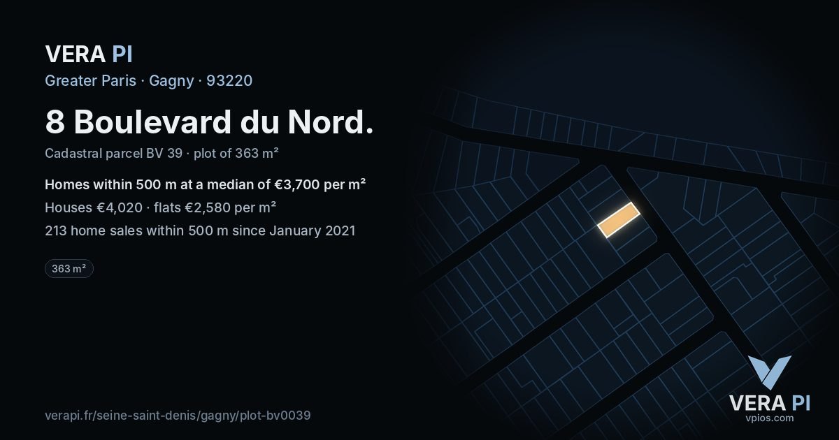 8 Boulevard du Nord, Gagny at night – the plot lit, the parcels around coloured by the prices near them