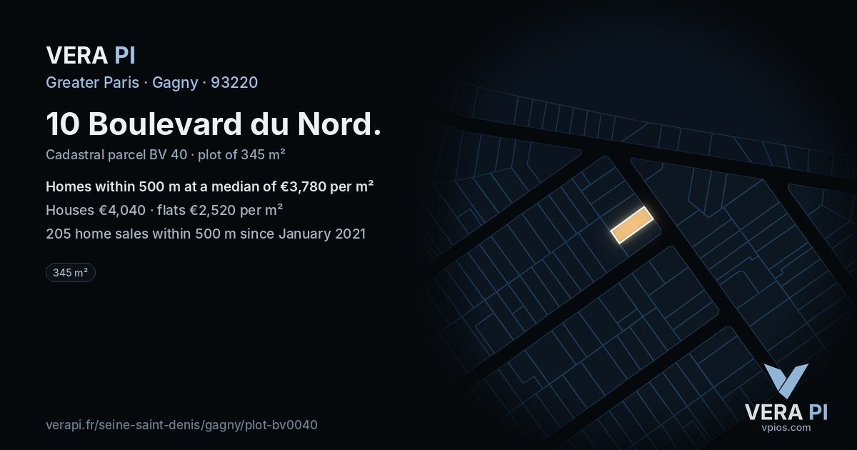 10 Boulevard du Nord, Gagny at night – the plot lit, the parcels around coloured by the prices near them