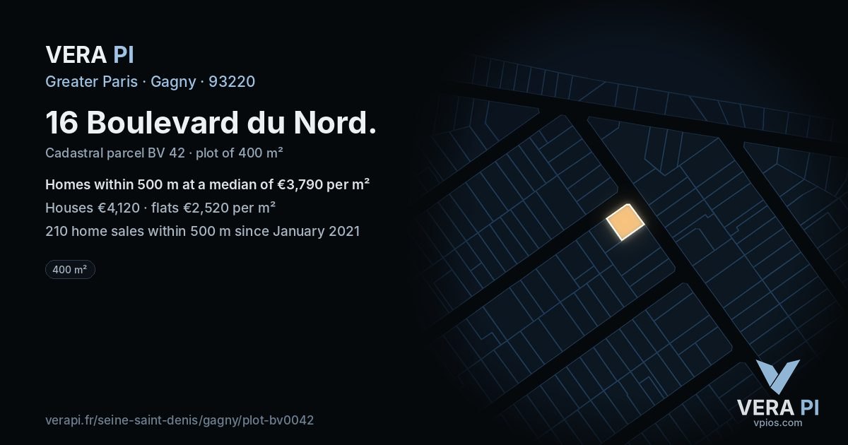 16 Boulevard du Nord, Gagny at night – the plot lit, the parcels around coloured by the prices near them