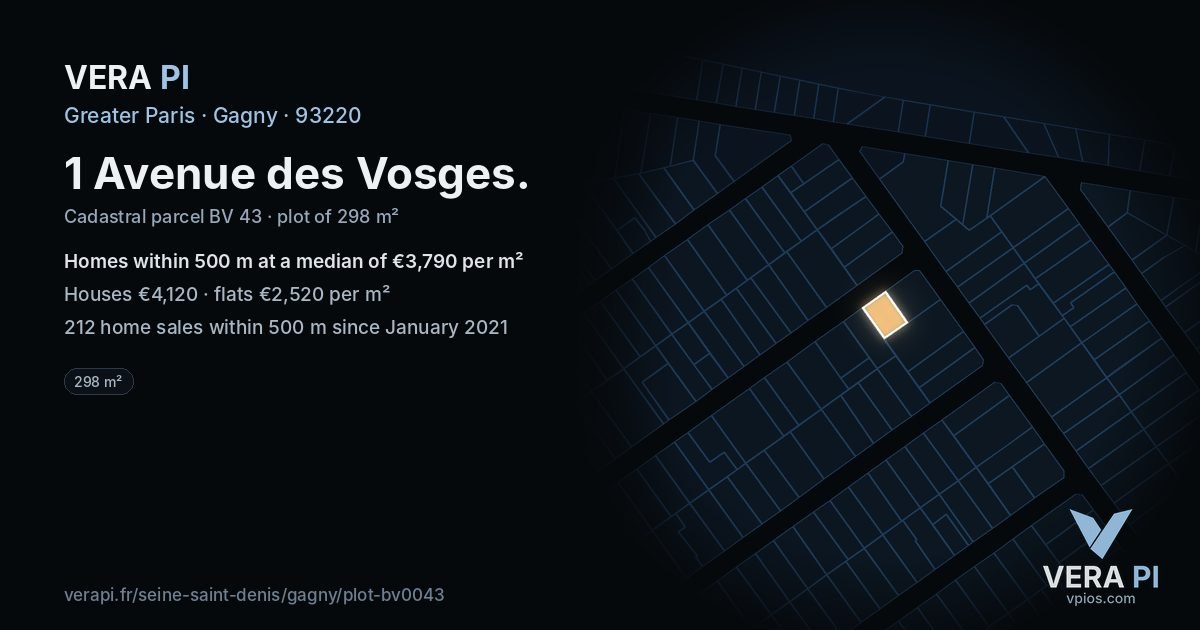 1 Avenue des Vosges, Gagny at night – the plot lit, the parcels around coloured by the prices near them