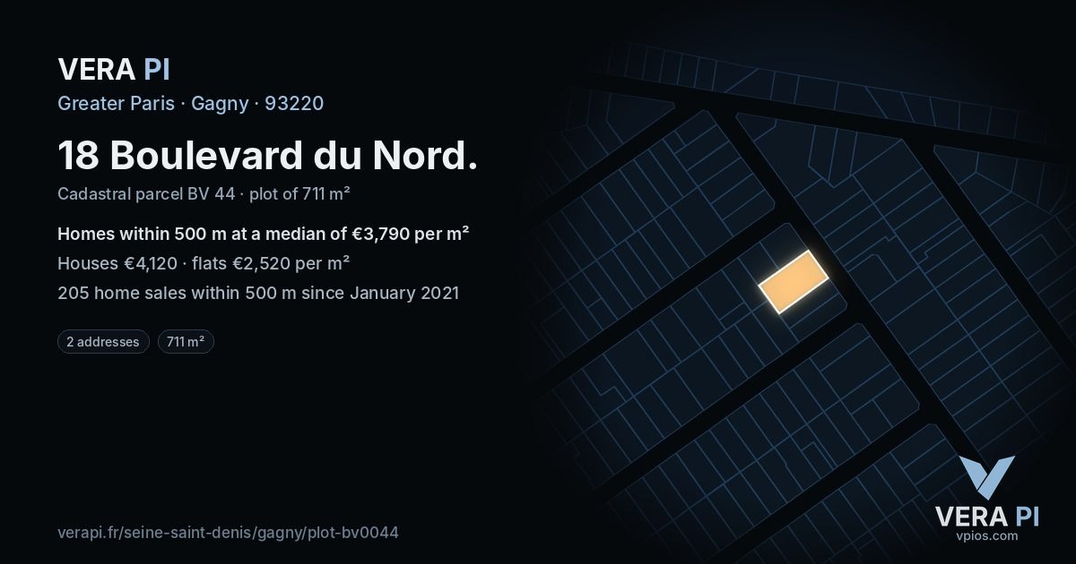 18 Boulevard du Nord, Gagny at night – the plot lit, the parcels around coloured by the prices near them