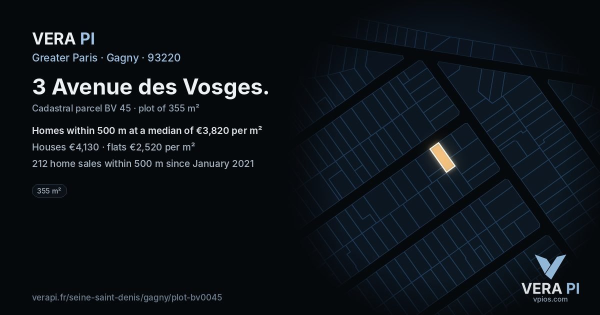 3 Avenue des Vosges, Gagny at night – the plot lit, the parcels around coloured by the prices near them