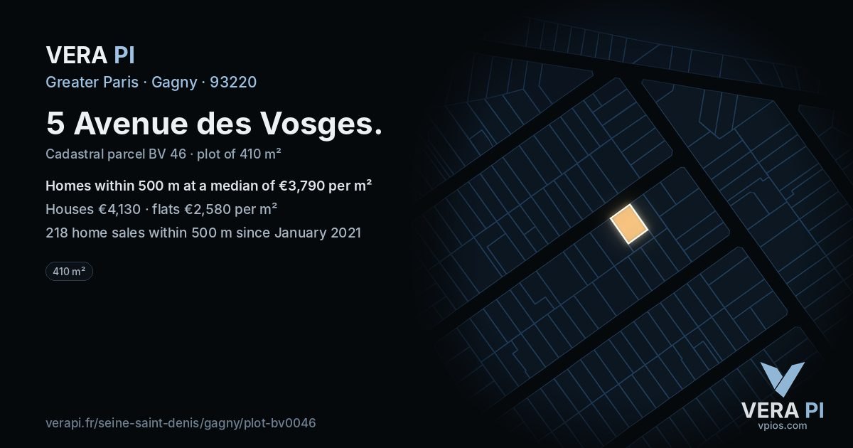 5 Avenue des Vosges, Gagny at night – the plot lit, the parcels around coloured by the prices near them