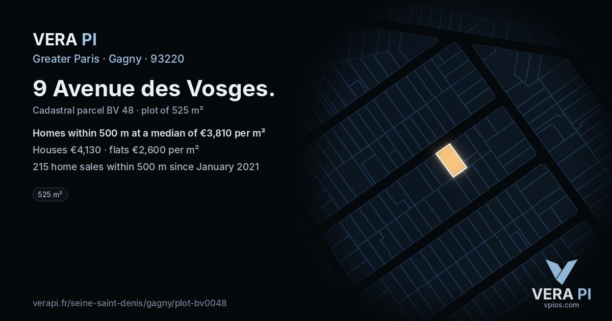 9 Avenue des Vosges, Gagny at night – the plot lit, the parcels around coloured by the prices near them