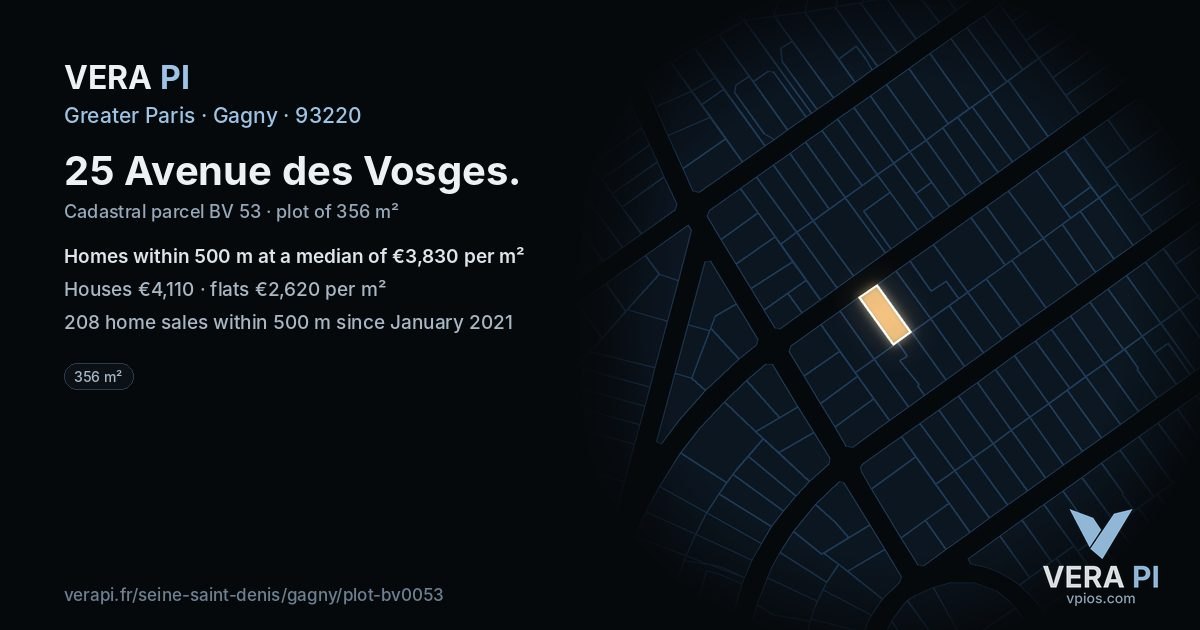 25 Avenue des Vosges, Gagny at night – the plot lit, the parcels around coloured by the prices near them