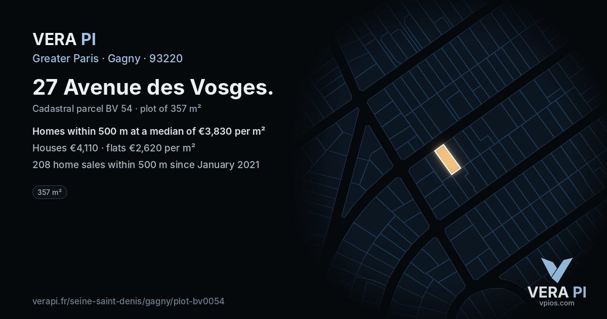 27 Avenue des Vosges, Gagny at night – the plot lit, the parcels around coloured by the prices near them