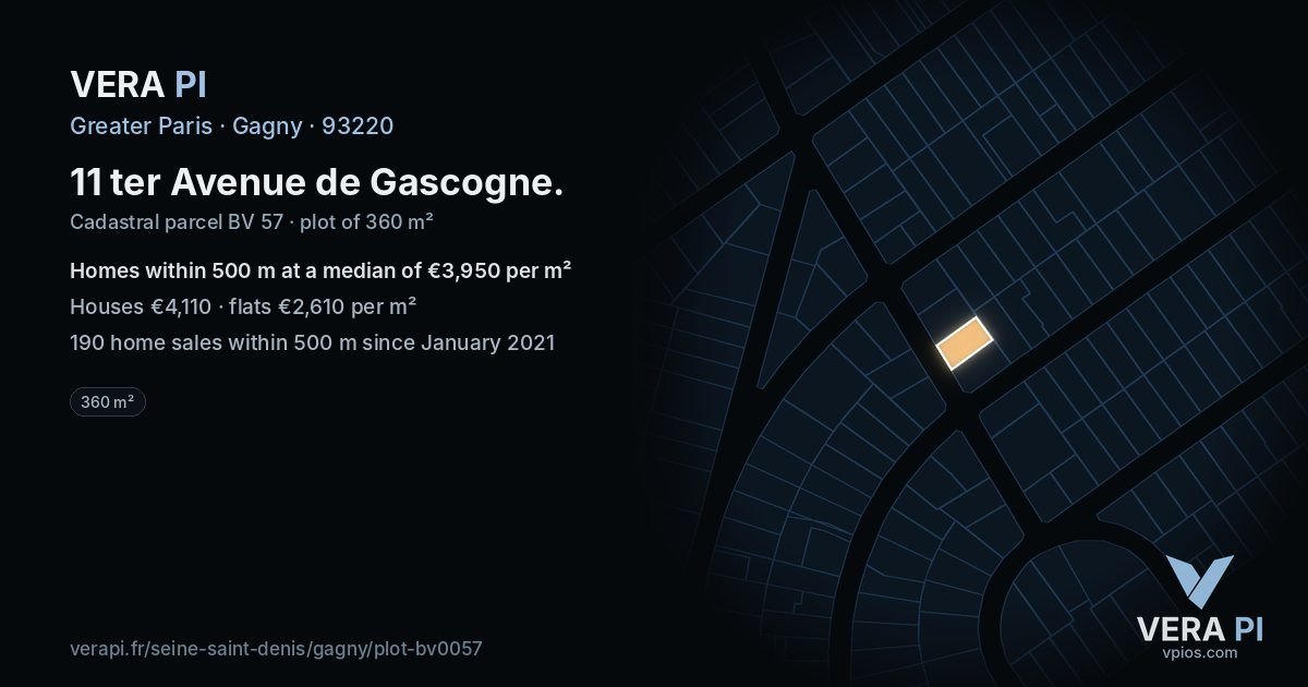 11 ter Avenue de Gascogne, Gagny at night – the plot lit, the parcels around coloured by the prices near them