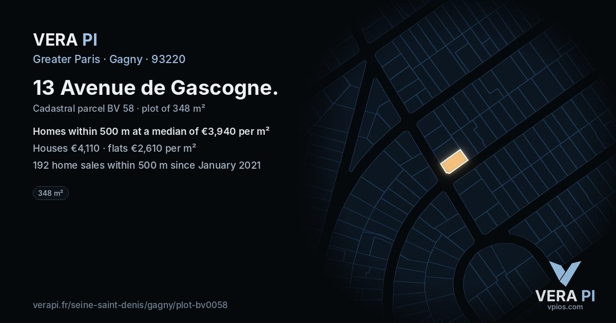 13 Avenue de Gascogne, Gagny at night – the plot lit, the parcels around coloured by the prices near them