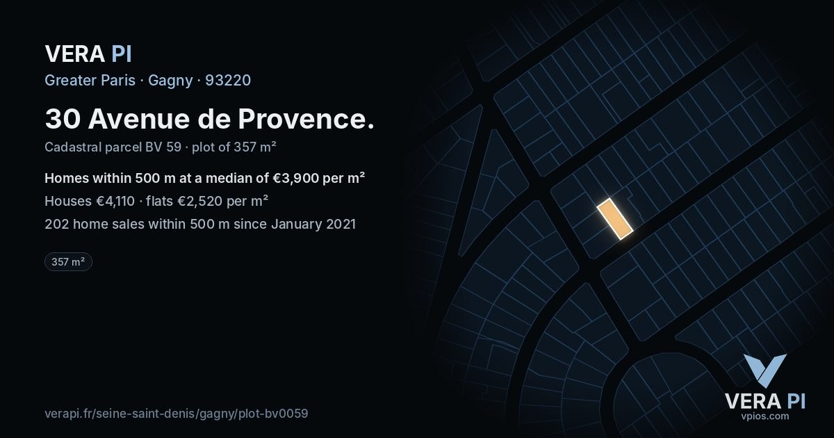 30 Avenue de Provence, Gagny at night – the plot lit, the parcels around coloured by the prices near them