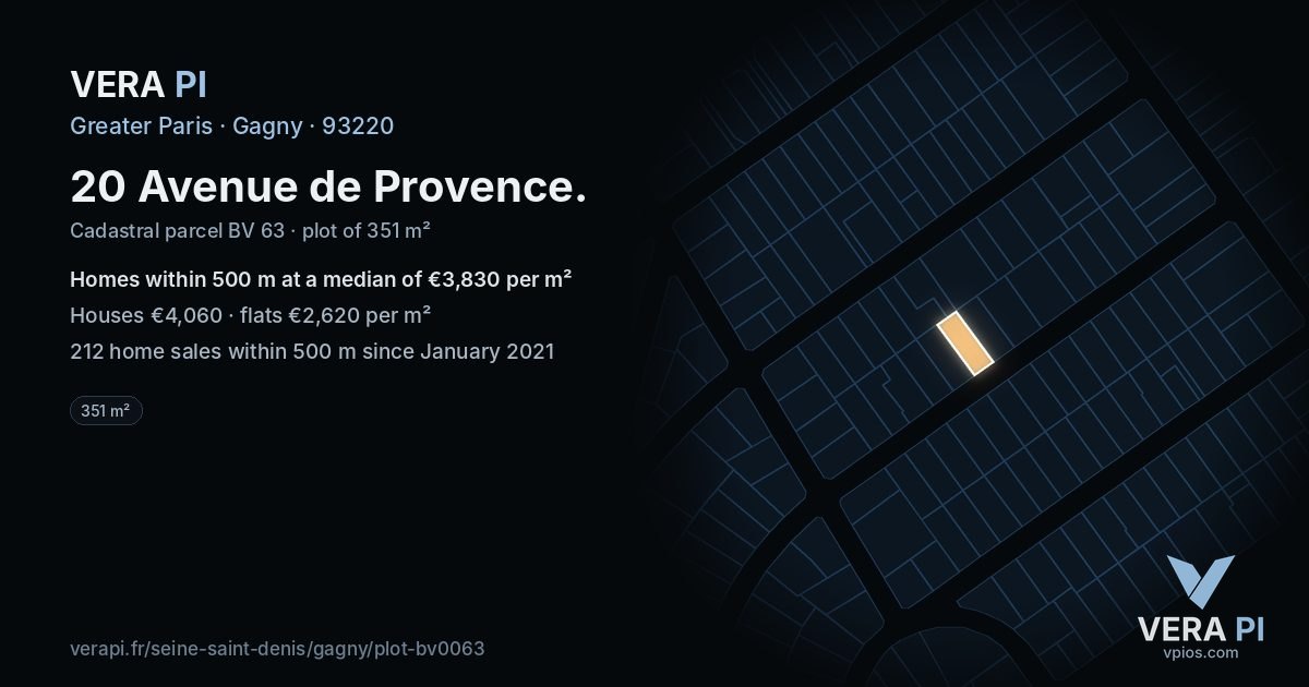 20 Avenue de Provence, Gagny at night – the plot lit, the parcels around coloured by the prices near them