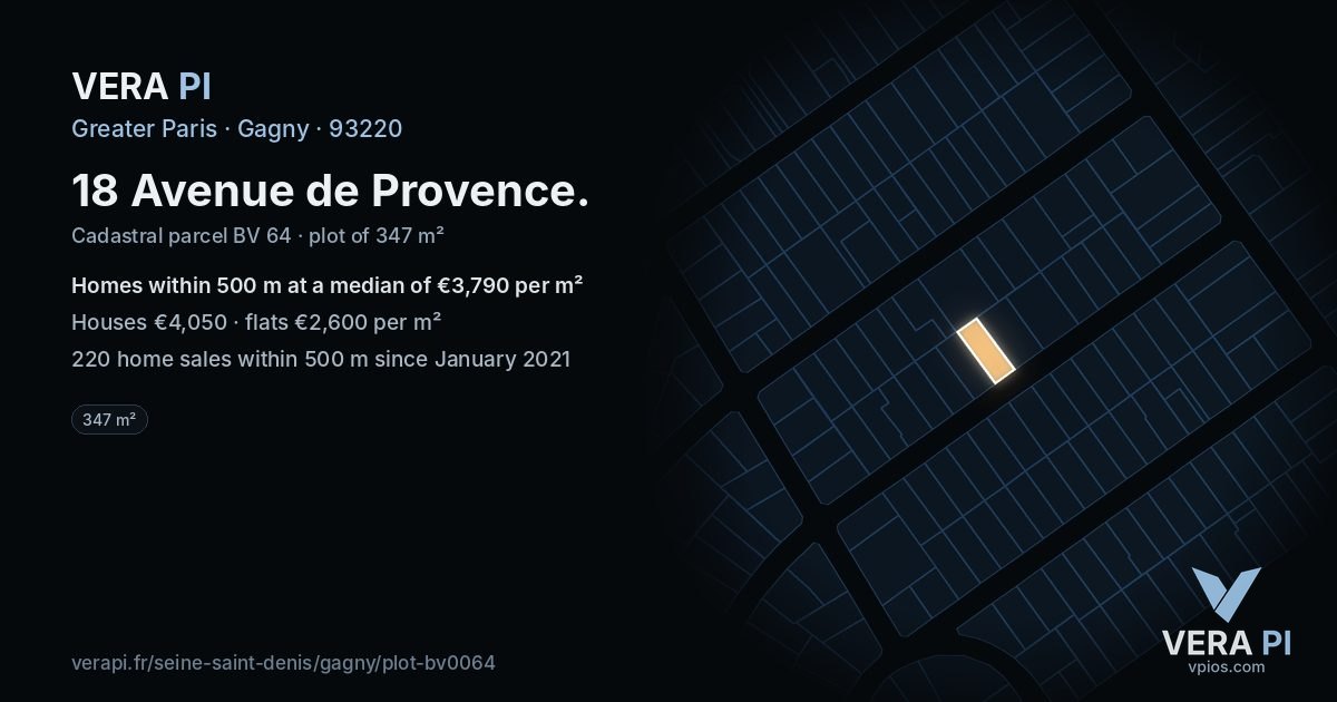 18 Avenue de Provence, Gagny at night – the plot lit, the parcels around coloured by the prices near them