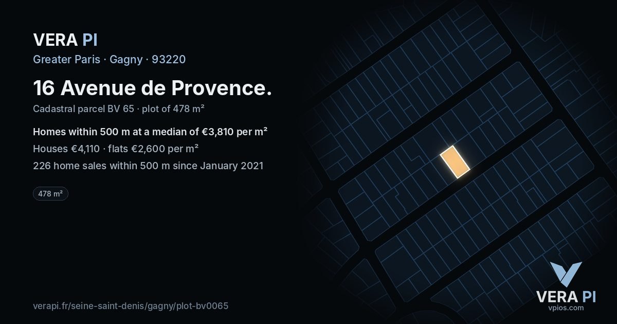 16 Avenue de Provence, Gagny at night – the plot lit, the parcels around coloured by the prices near them