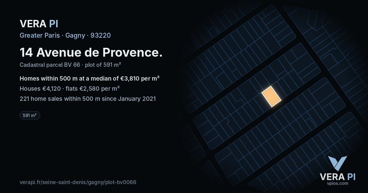 14 Avenue de Provence, Gagny at night – the plot lit, the parcels around coloured by the prices near them
