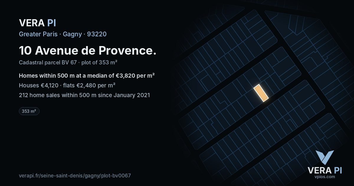 10 Avenue de Provence, Gagny at night – the plot lit, the parcels around coloured by the prices near them