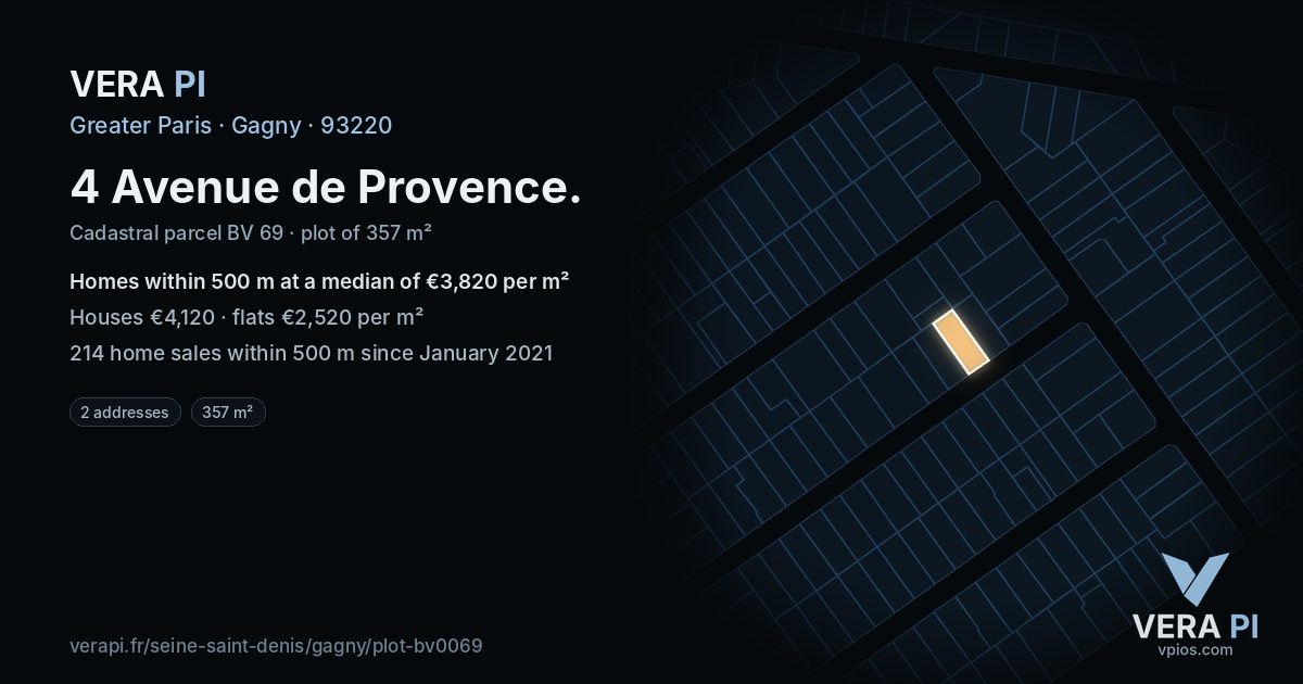 4 Avenue de Provence, Gagny at night – the plot lit, the parcels around coloured by the prices near them