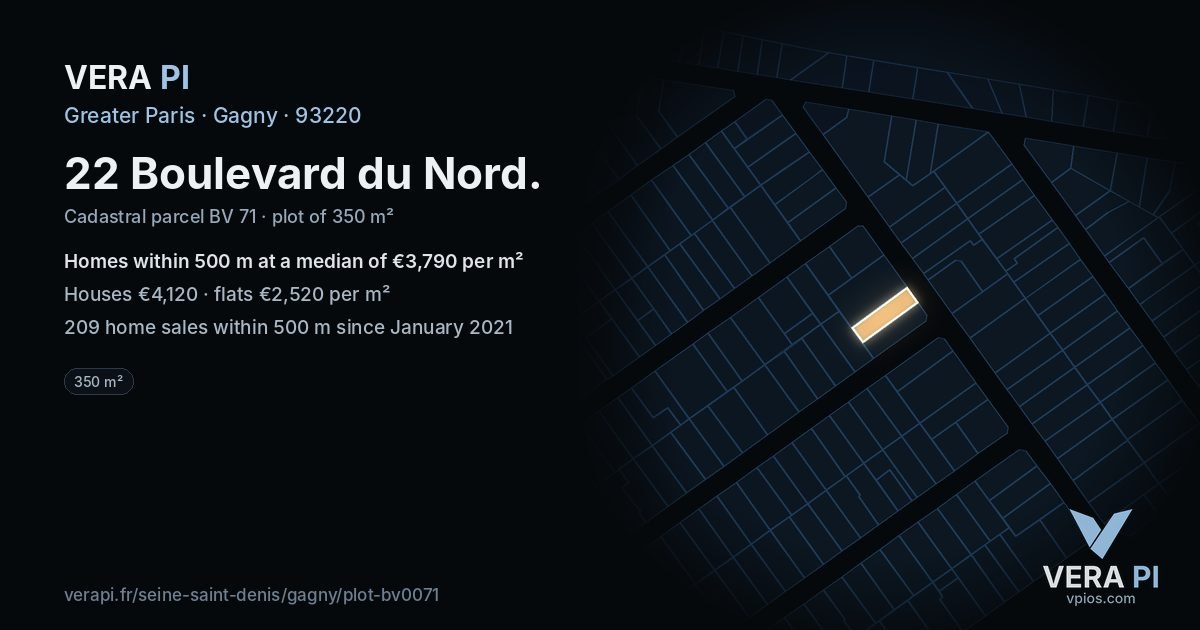 22 Boulevard du Nord, Gagny at night – the plot lit, the parcels around coloured by the prices near them