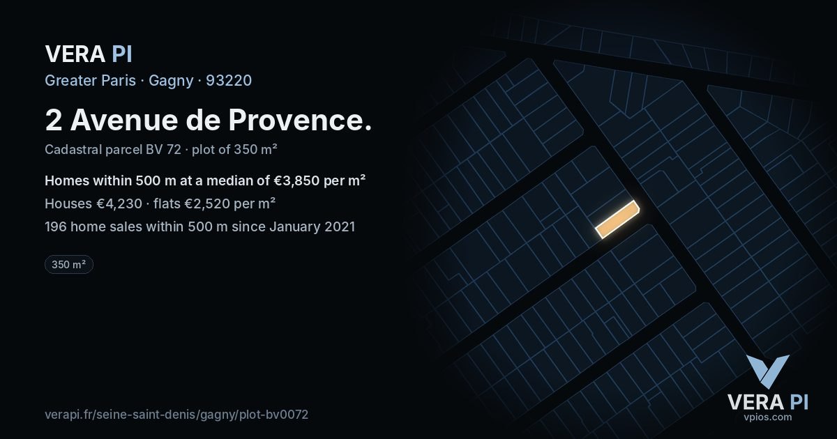 2 Avenue de Provence, Gagny at night – the plot lit, the parcels around coloured by the prices near them