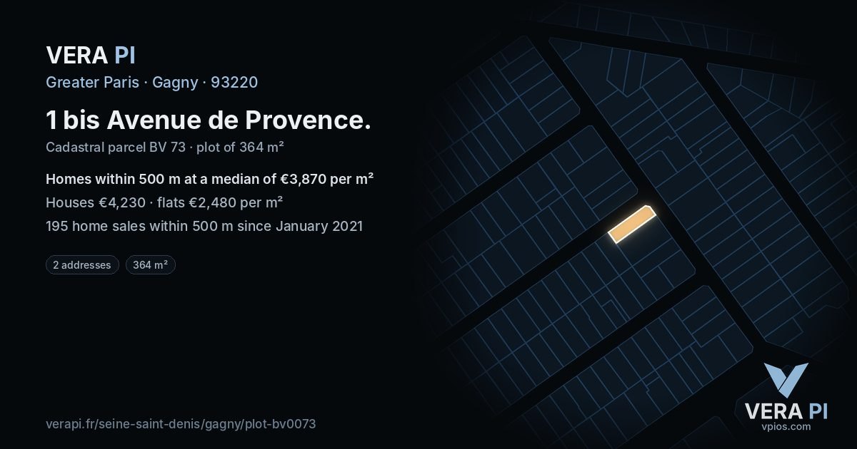 1 bis Avenue de Provence, Gagny at night – the plot lit, the parcels around coloured by the prices near them