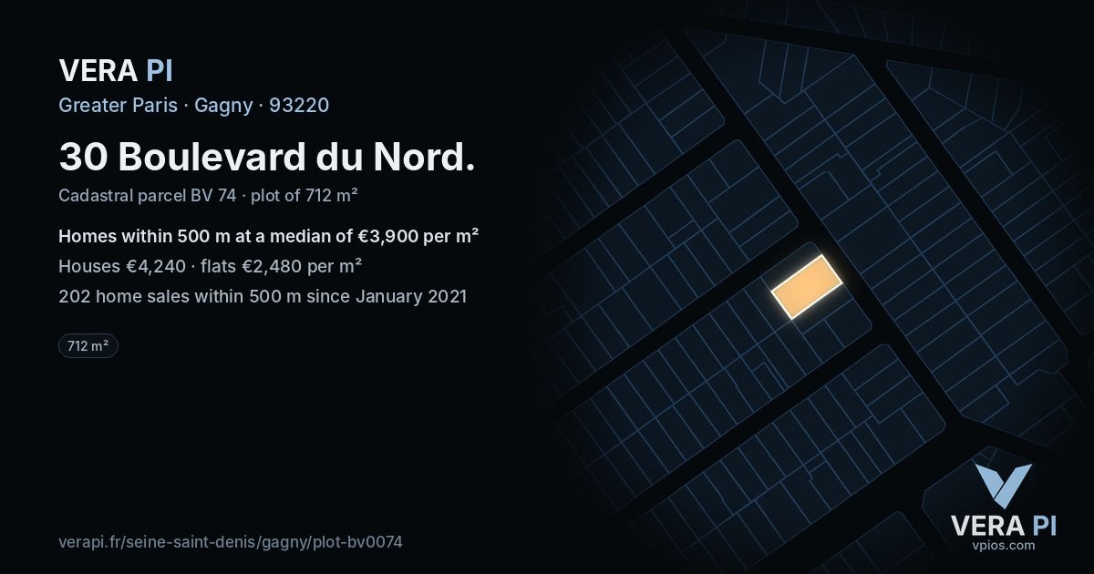30 Boulevard du Nord, Gagny at night – the plot lit, the parcels around coloured by the prices near them