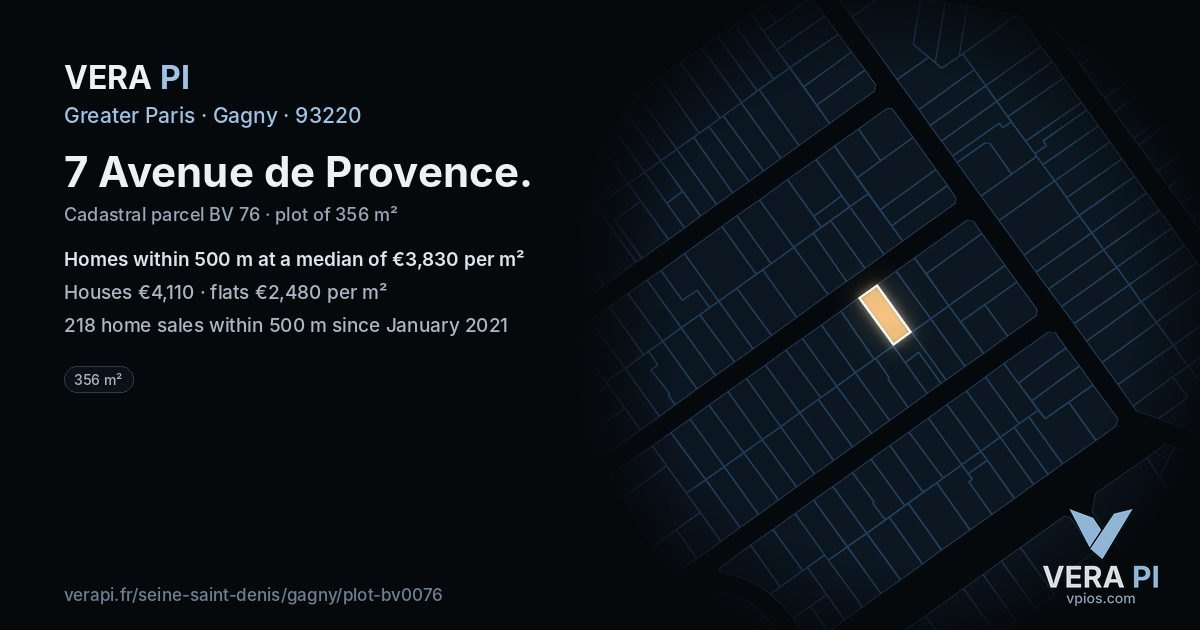 7 Avenue de Provence, Gagny at night – the plot lit, the parcels around coloured by the prices near them