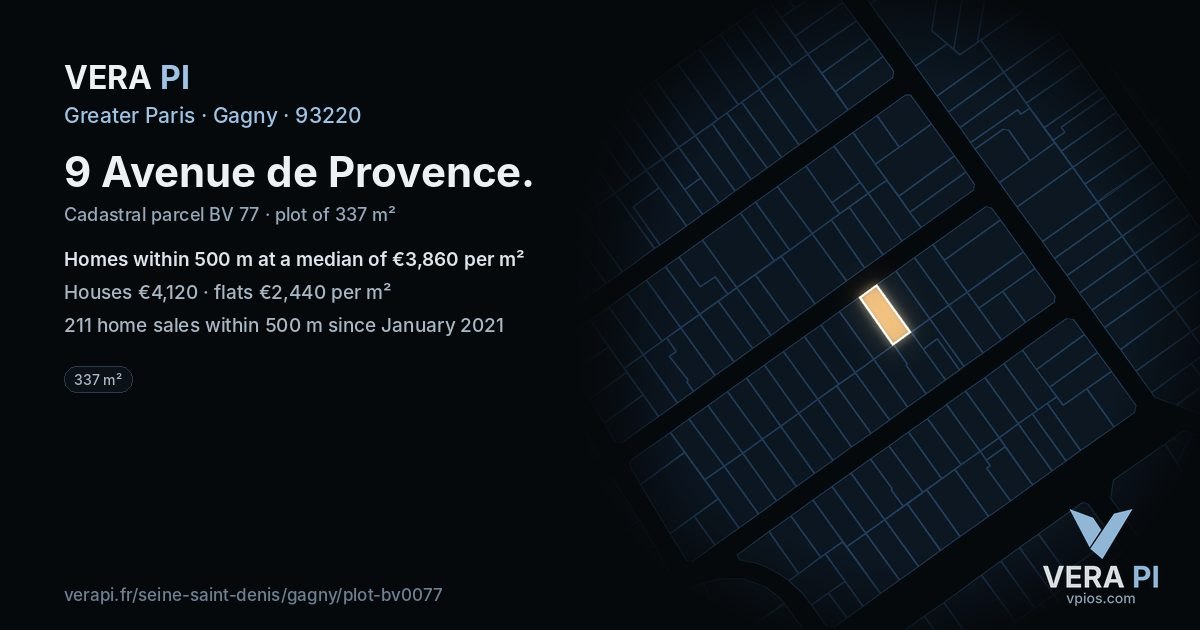 9 Avenue de Provence, Gagny at night – the plot lit, the parcels around coloured by the prices near them