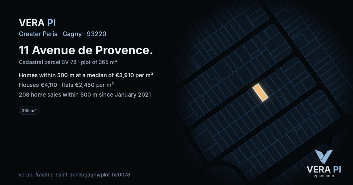 11 Avenue de Provence, Gagny at night – the plot lit, the parcels around coloured by the prices near them