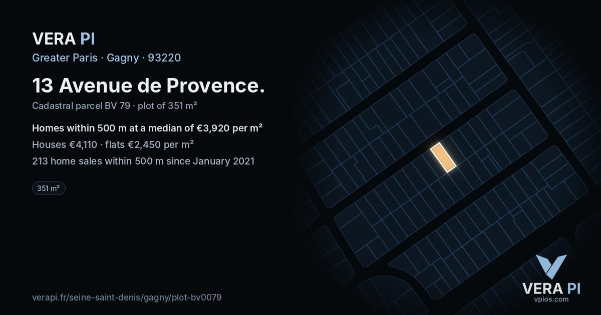 13 Avenue de Provence, Gagny at night – the plot lit, the parcels around coloured by the prices near them