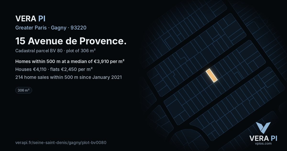 15 Avenue de Provence, Gagny at night – the plot lit, the parcels around coloured by the prices near them