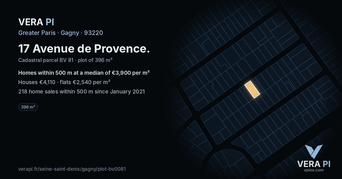 17 Avenue de Provence, Gagny at night – the plot lit, the parcels around coloured by the prices near them