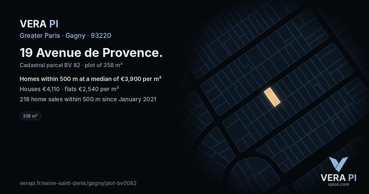 19 Avenue de Provence, Gagny at night – the plot lit, the parcels around coloured by the prices near them