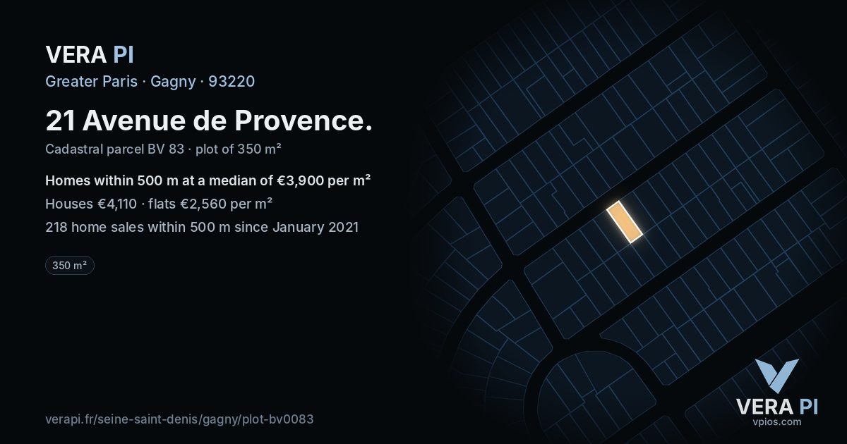 21 Avenue de Provence, Gagny at night – the plot lit, the parcels around coloured by the prices near them