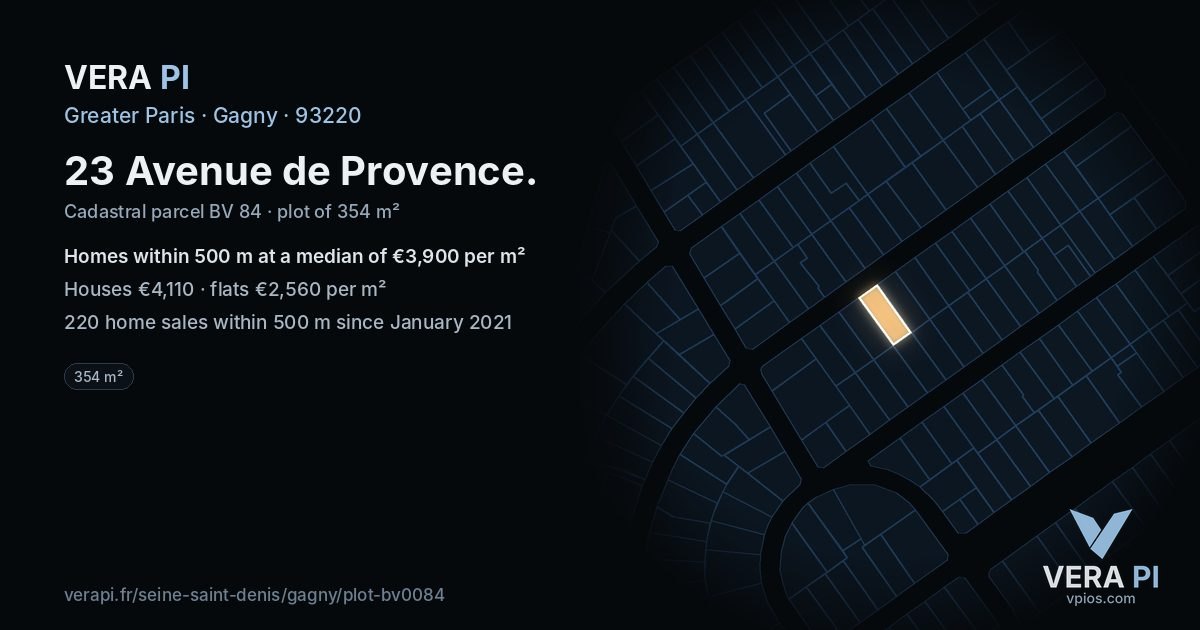 23 Avenue de Provence, Gagny at night – the plot lit, the parcels around coloured by the prices near them