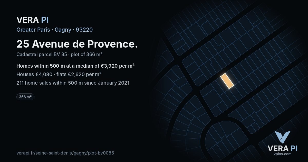 25 Avenue de Provence, Gagny at night – the plot lit, the parcels around coloured by the prices near them