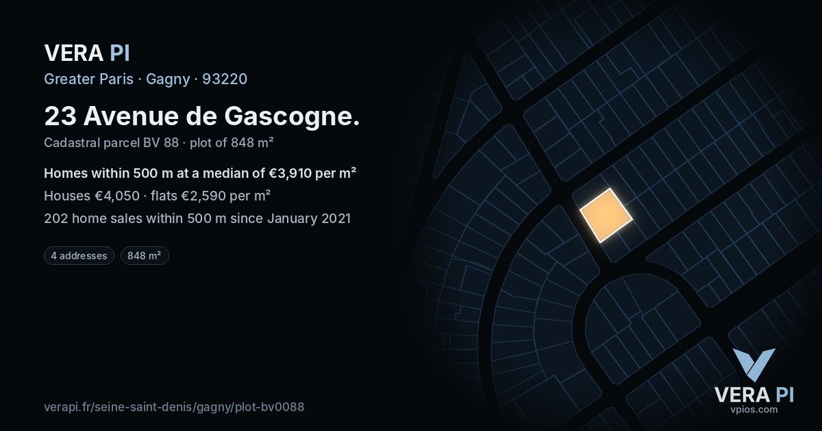 23 Avenue de Gascogne, Gagny at night – the plot lit, the parcels around coloured by the prices near them