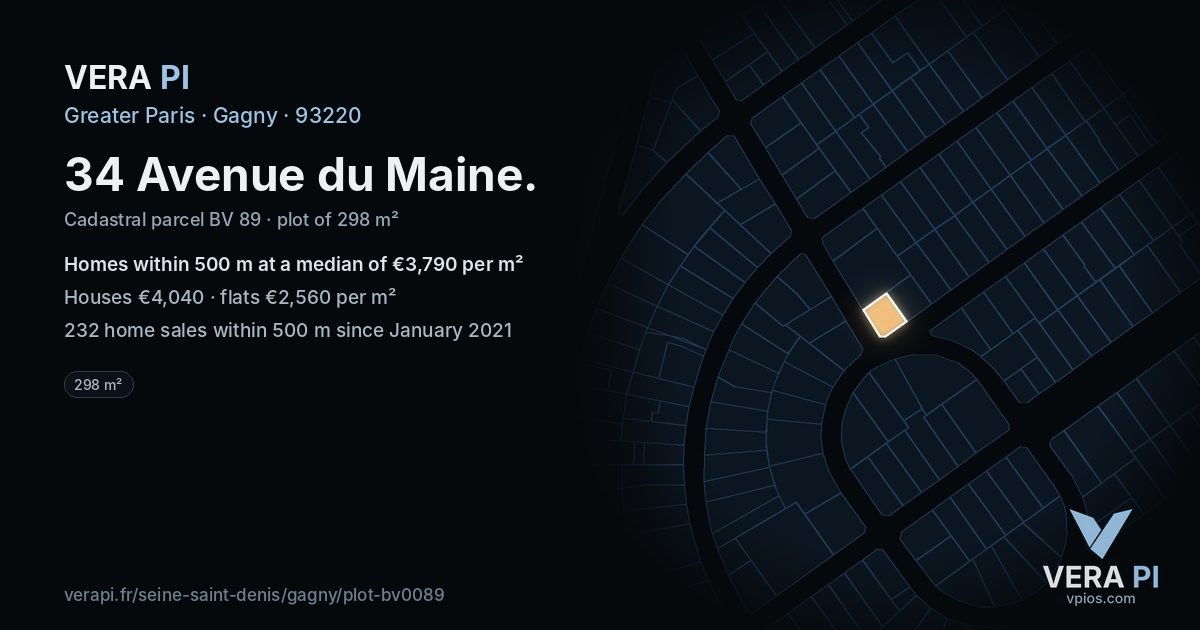 34 Avenue du Maine, Gagny at night – the plot lit, the parcels around coloured by the prices near them