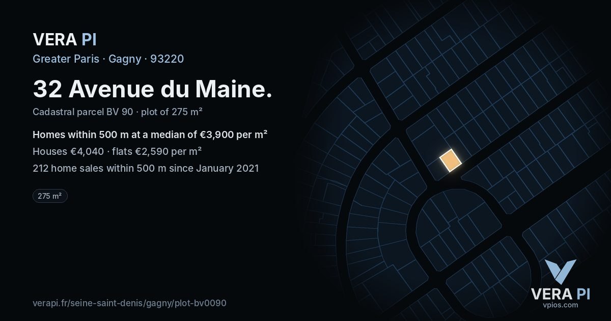 32 Avenue du Maine, Gagny at night – the plot lit, the parcels around coloured by the prices near them