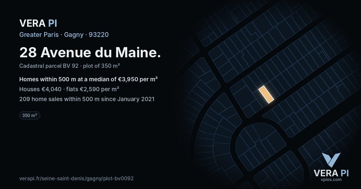 28 Avenue du Maine, Gagny at night – the plot lit, the parcels around coloured by the prices near them