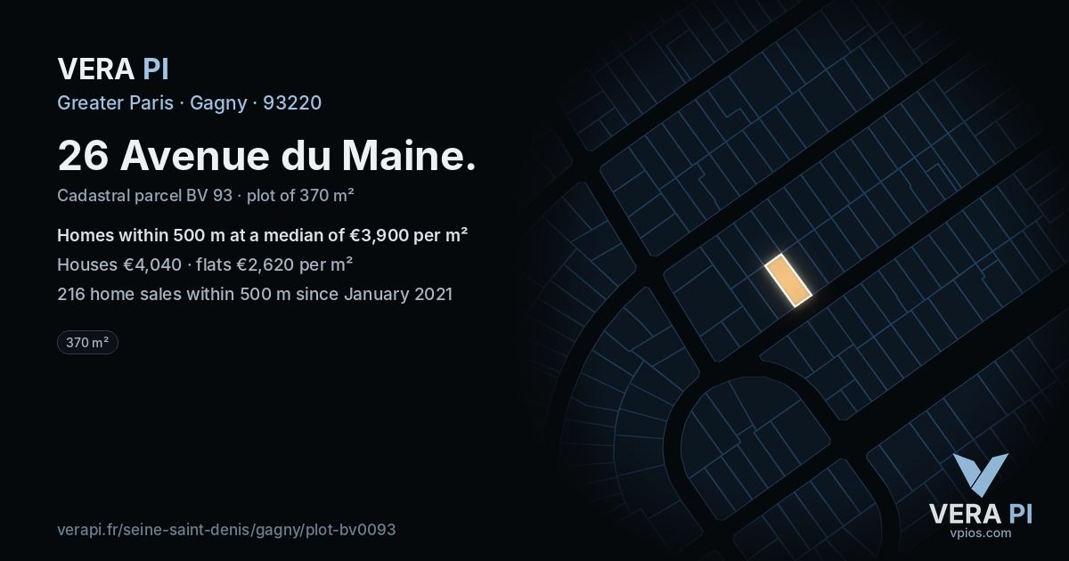 26 Avenue du Maine, Gagny at night – the plot lit, the parcels around coloured by the prices near them