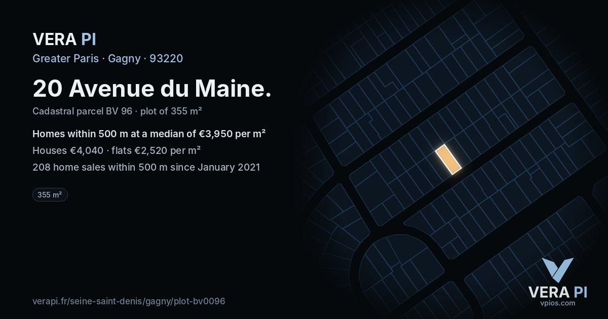 20 Avenue du Maine, Gagny at night – the plot lit, the parcels around coloured by the prices near them