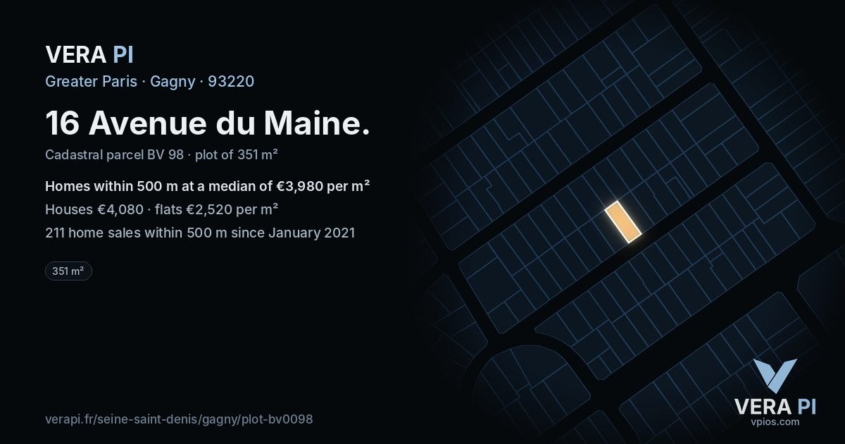 16 Avenue du Maine, Gagny at night – the plot lit, the parcels around coloured by the prices near them