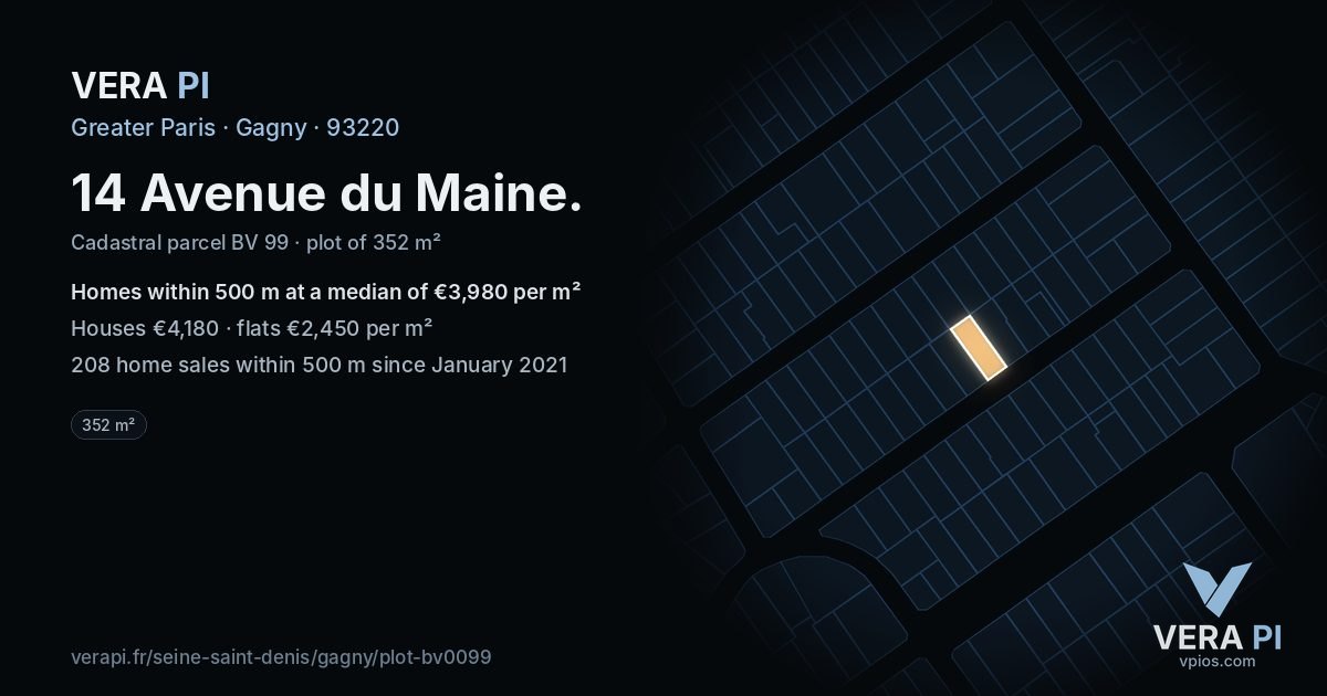 14 Avenue du Maine, Gagny at night – the plot lit, the parcels around coloured by the prices near them