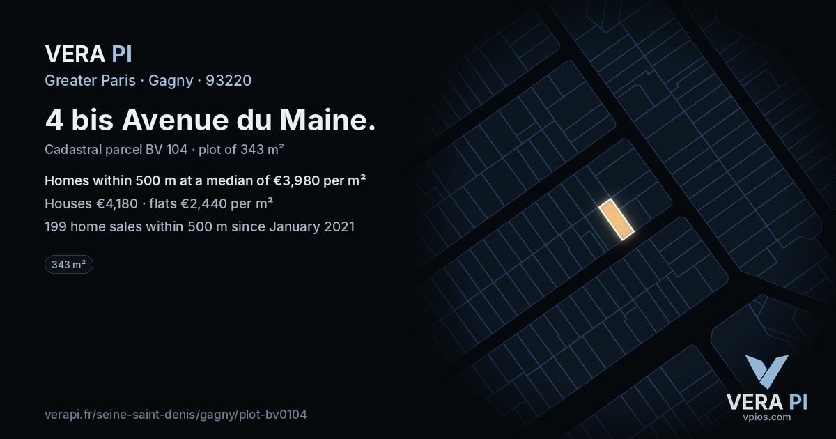 4 bis Avenue du Maine, Gagny at night – the plot lit, the parcels around coloured by the prices near them