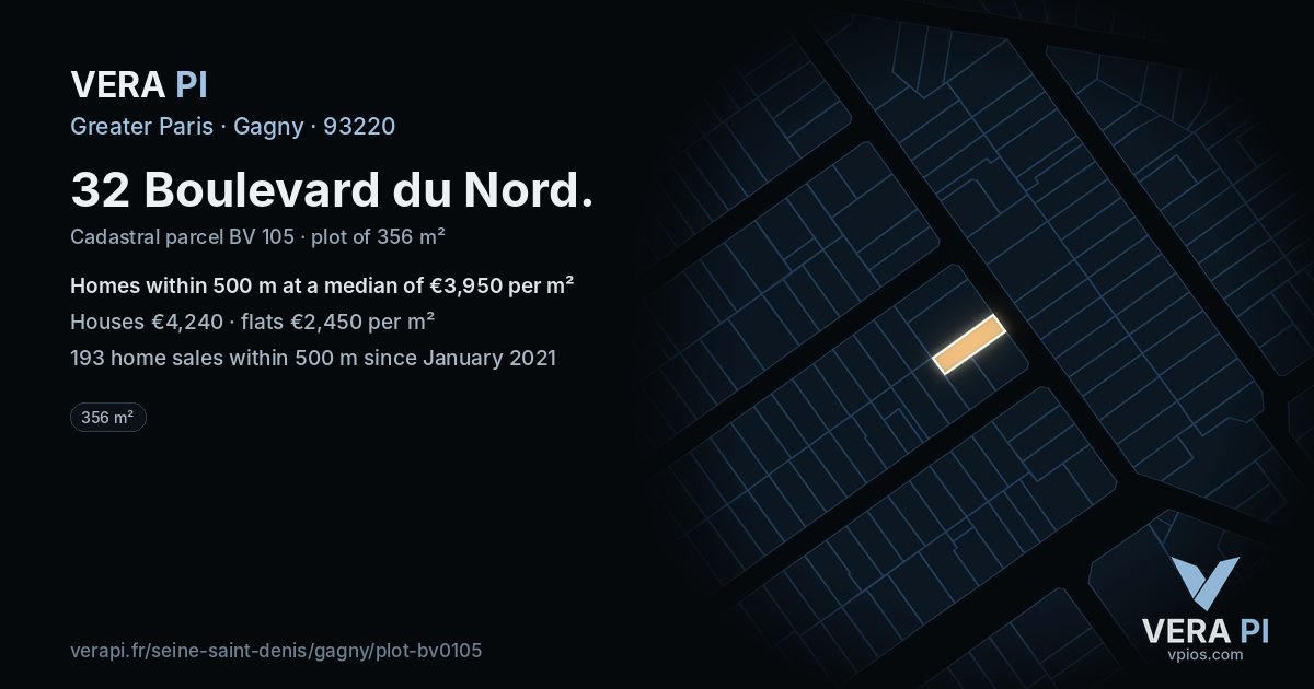 32 Boulevard du Nord, Gagny at night – the plot lit, the parcels around coloured by the prices near them