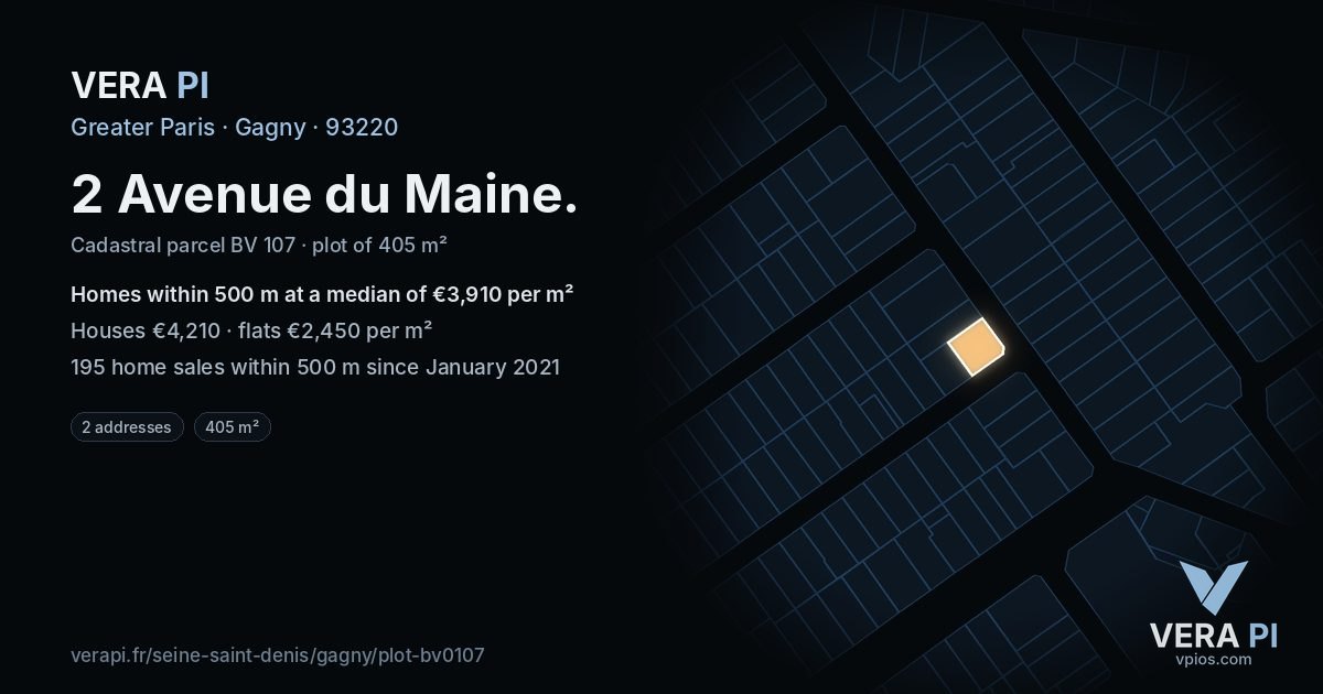 2 Avenue du Maine, Gagny at night – the plot lit, the parcels around coloured by the prices near them