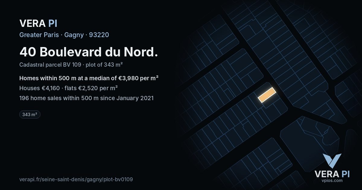 40 Boulevard du Nord, Gagny at night – the plot lit, the parcels around coloured by the prices near them