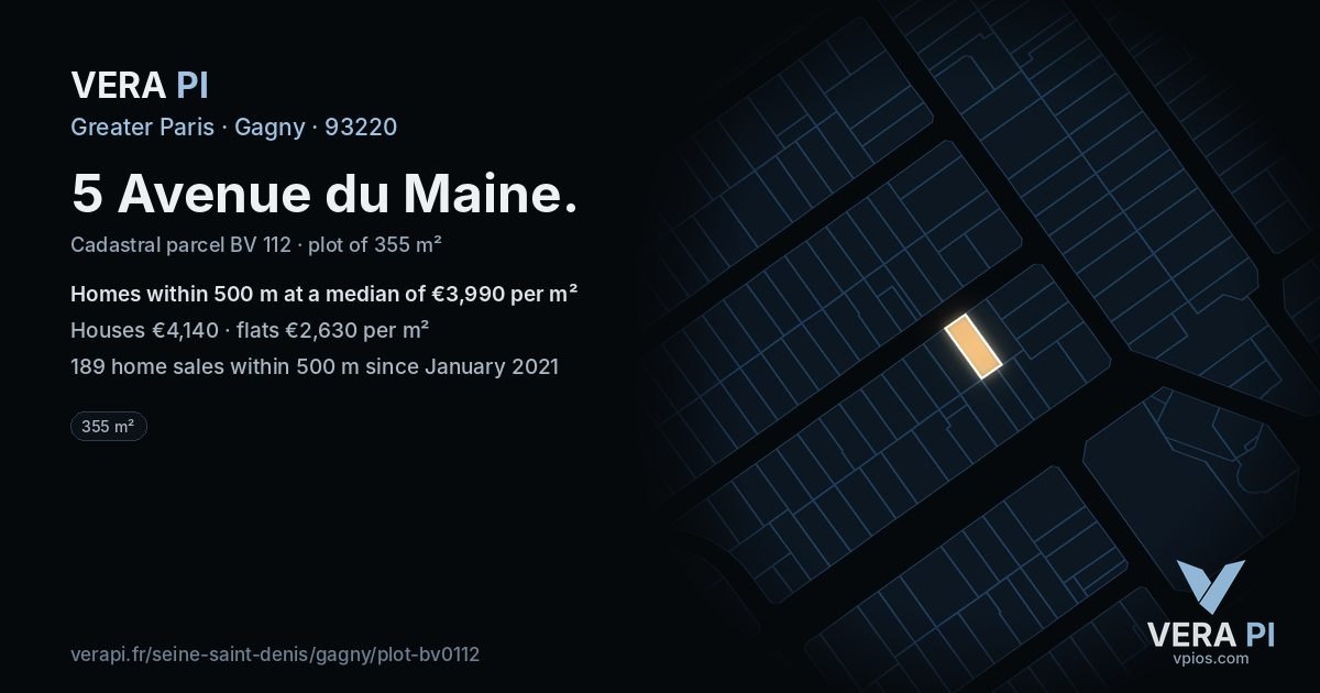 5 Avenue du Maine, Gagny at night – the plot lit, the parcels around coloured by the prices near them