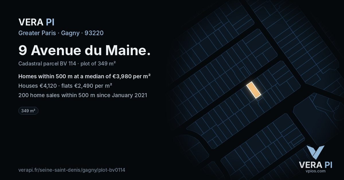 9 Avenue du Maine, Gagny at night – the plot lit, the parcels around coloured by the prices near them